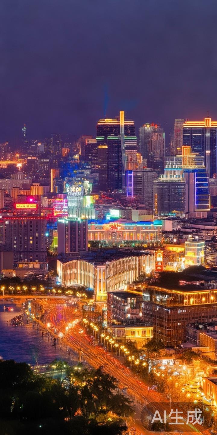 在夜幕降临的时刻，澳门这座充满魅力的国际旅游城市，